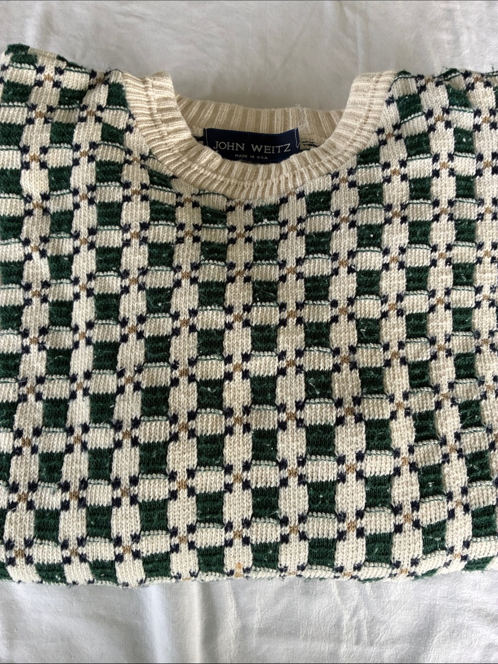 Vintage John Weitz Cream & Green Check Crewneck Sweater